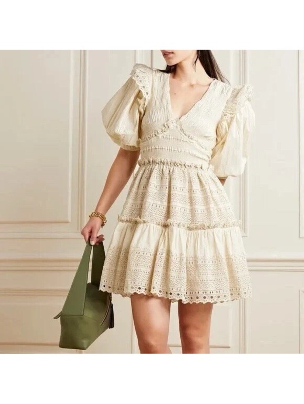 SEA NY Marley Pleated Smocked Mini Dress Cream Poetcore Romantic